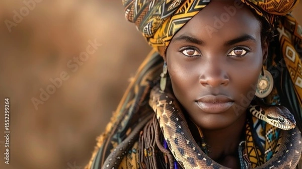 Obraz Shaman with a snake wrapped around their shoulders, piercing gaze,