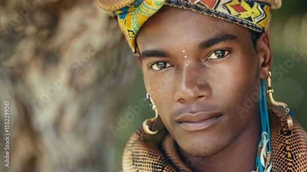 Obraz Shaman with a snake wrapped around their shoulders, piercing gaze,