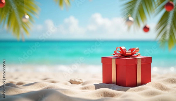 Fototapeta Cozy Christmas present on sandy beach with tropical backdrop, blending festive cheer with summer vibes.