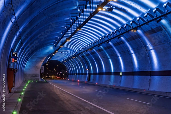 Fototapeta Illuminated modern roadway tunnel interior. View of a modern tunnel with blue lighting accentuating its curved walls and ceiling. The image suitable for transportation urban and infrastructure.