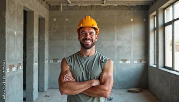 Fototapeta Confident construction worker smiling with crossed arms in a partially built room, representing determination and progress.