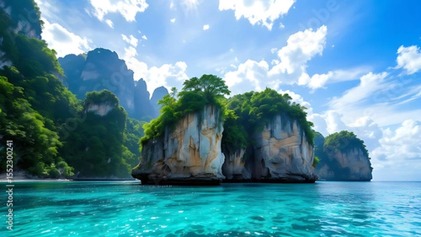 Obraz Lush Island with Tropical Waters and Rocky Cliffs