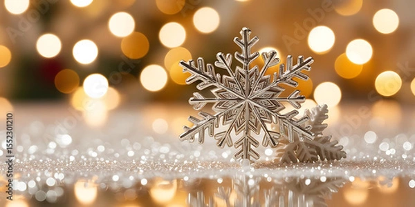 Fototapeta Glittering Snowflake and Soft Blurred Christmas Lights

