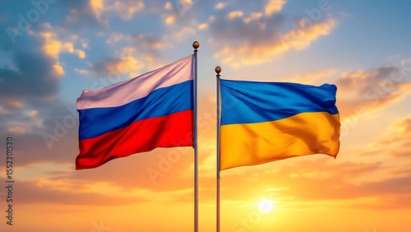 Obraz National Flags of Ukraine and Russia in Breeze