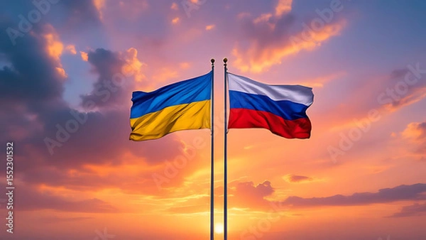 Obraz Ukraine and Russia Flags on Pole Against Colorful Sky
