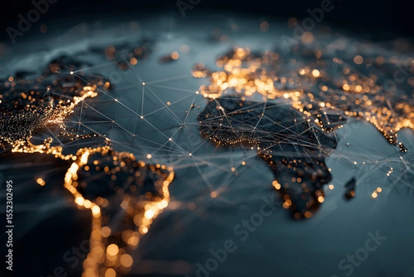 Fototapeta Global network illuminates connected cities across the world