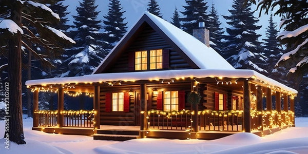 Fototapeta Snow Covered Log Cabin Surrounded by Pine Trees

