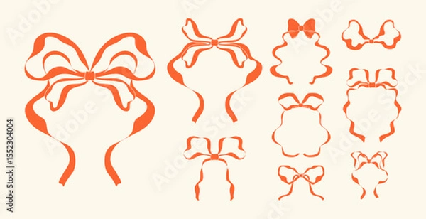 Fototapeta Set of bows and ribbons in hand drawn style. Wavy Bowknot. Doodle elegant elements. Coquette. Sketch. Outline. Retro and vintageline art. Whimsical collection. Minimalism. Silhouette knots. Gift. Flat