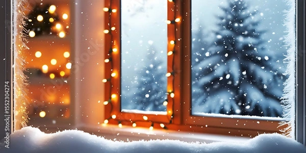 Fototapeta Snow Covered Trees Seen Through Festive Window

