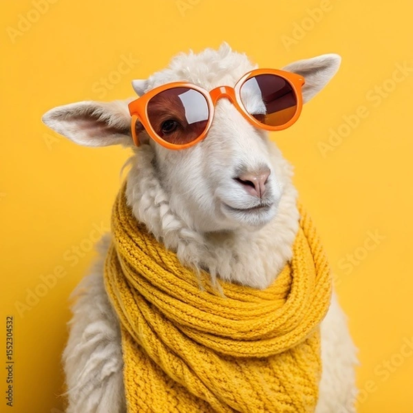 Fototapeta A sheep wearing orange sunglasses and a yellow knitted scarf against a bright yellow background. The sheep has fluffy white wool and a calm expression.