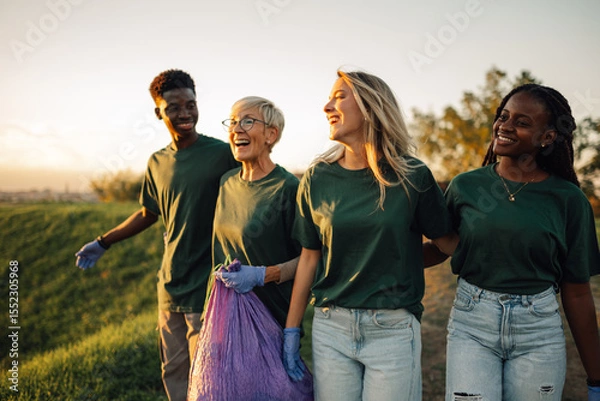 Fototapeta Group of volunteers collecting garbage in park are walking and talking