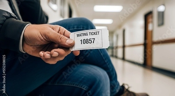 Fototapeta A person’s hand holds a numbered ticket while waiting. Symbolic image of patience, bureaucracy, or uncertainty. Close-up, clean tones, no face or branding.