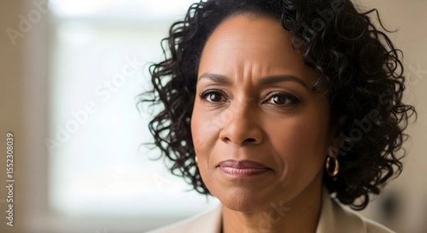 Fototapeta A close-up portrait of a person looking directly at the camera with a calm, thoughtful expression. Perfect for themes like trust, introspection, or mental clarity.

