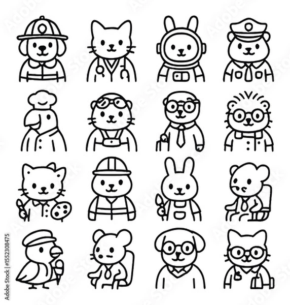 Fototapeta Occupation-themed costumes icons in minimalistic line art : dog as firefighter with helmet, cat in doctor coat, bunny in astronaut suit, hamster as police officer, parrot in chef hat, guinea pig