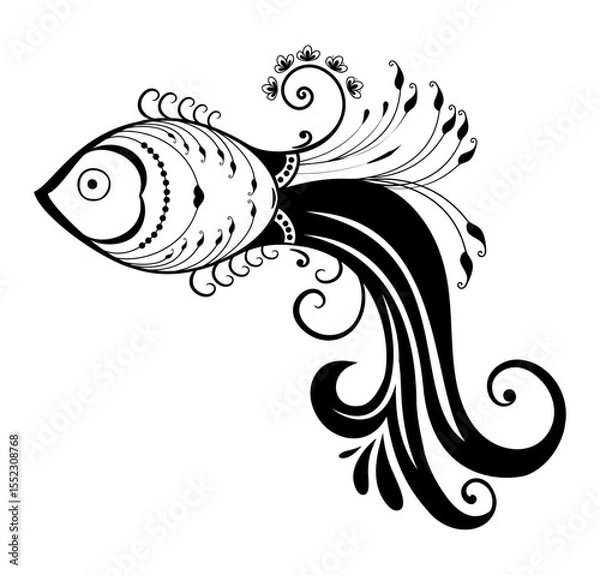 Fototapeta Ornamental Aquatic Elegance: An exquisite monochrome illustration of a stylized fish, featuring intricate patterns and elegant floral accents, epitomizing artistic finesse and marine grace.