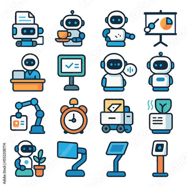 Fototapeta Office robot assistant icons in modern flat vector in minimalistic vibrant color design: document delivery bot, robotic coffee server, desk-cleaning assistant, smart presentation pointer,
