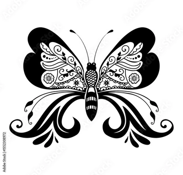 Fototapeta Intricate Butterfly Design: A captivating, artistic illustration of a butterfly, meticulously crafted with detailed patterns and graceful lines, creating a striking visual statement.