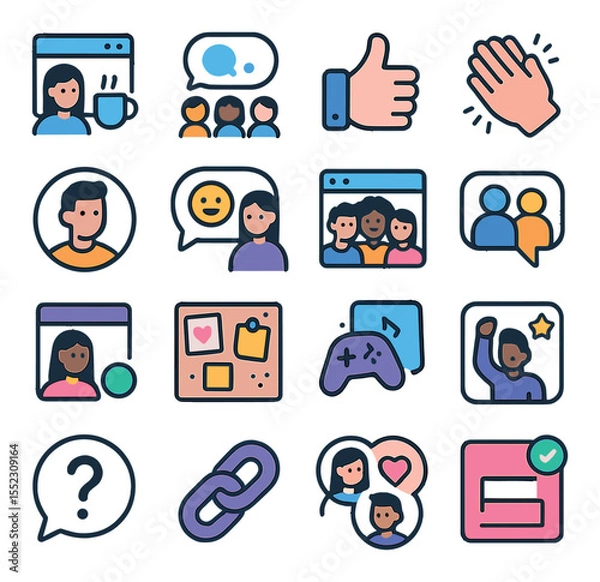 Fototapeta Coworking social dynamics icons in modern flat vector in minimalistic vibrant color design: virtual coffee chat, group brainstorming bubble, feedback thumbs icon, digital applause reaction,