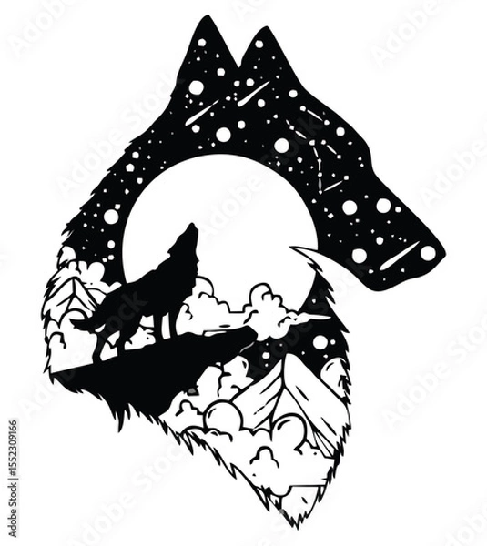Fototapeta Mystic Howl Silhouette: A captivating illustration depicts a silhouette of a howling wolf against a backdrop of a radiant full moon, a starry night sky, and tranquil mountain scenery