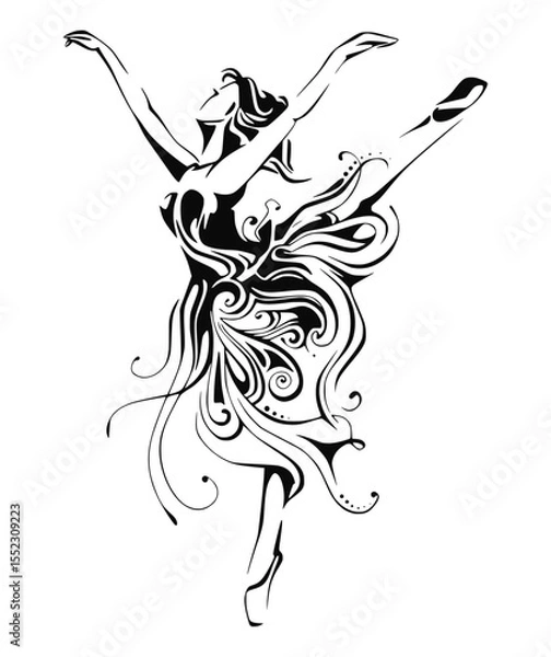 Fototapeta Ballet Dancer Silhouette: A stylized representation of a graceful ballet dancer, captured in mid-leap with elegant lines, showcasing the fluid movement and poise of classical dance.