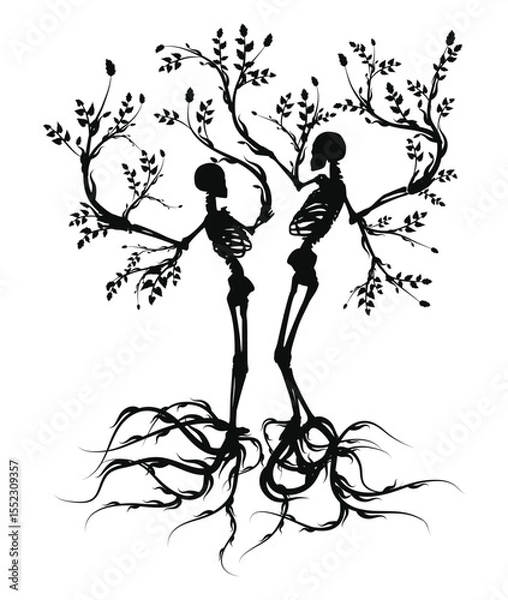 Fototapeta Embracing Mortality: A striking silhouette showcases two skeletal figures, interwoven with the organic tendrils of a blossoming tree.