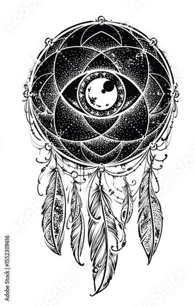 Fototapeta Dreamcatcher: Captivating black and white illustration of a dreamcatcher, meticulously drawn with intricate details, evoking a sense of mystique and folklore.
