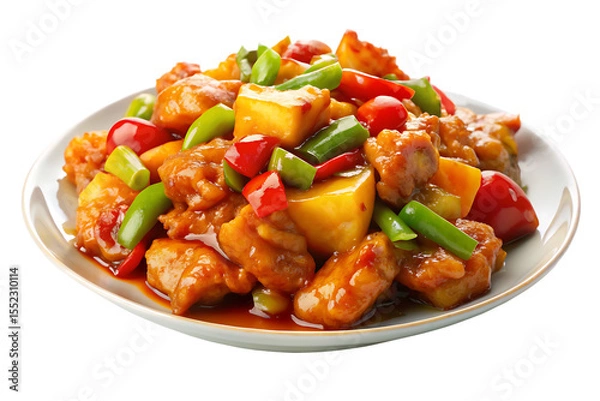Fototapeta Delicious sweet and sour chicken with pineapple red and green peppers in glaze isolated on a transparent background