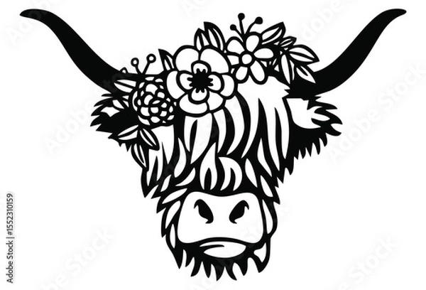 Fototapeta Highland Cow Floral Crown: A stylish Highland cow head silhouette adorned with a vibrant floral crown, perfect for adding a touch of rustic charm and bohemian aesthetics.