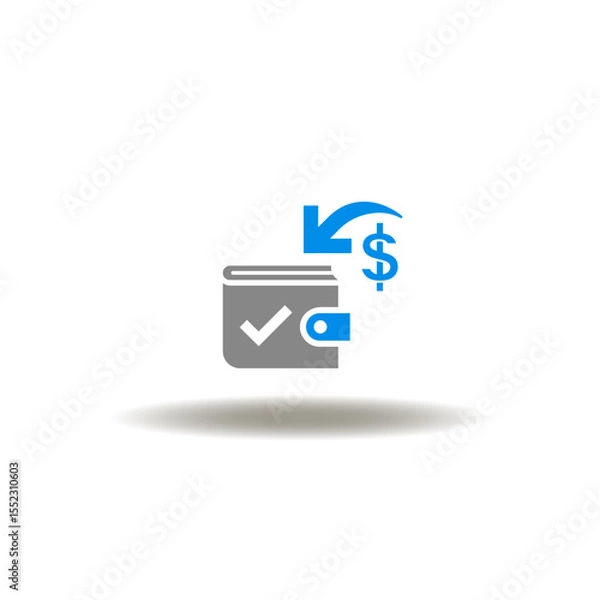 Fototapeta Vector illustration of wallet with check mark and inward round arrow and dollar currency. Symbol of money transfer. Icon of cash back.