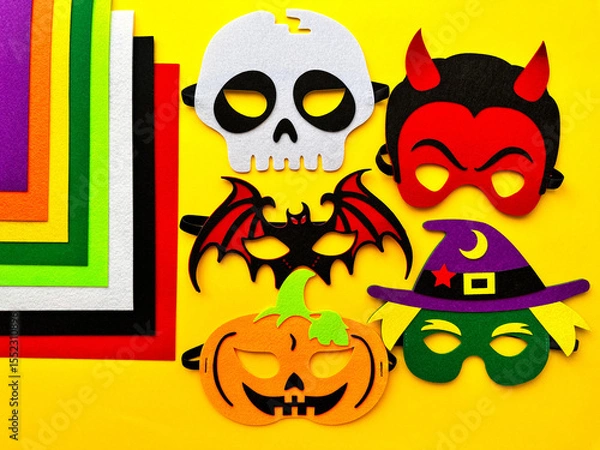 Fototapeta Halloween. DIY Felt Halloween Masks. Felt masks and felt sheets are lying on yellow background. Set of Various Masks, monsters, Pumpkin, Devil, Witch, Skeleton, Bat, DIY Toys, Game Accessories.