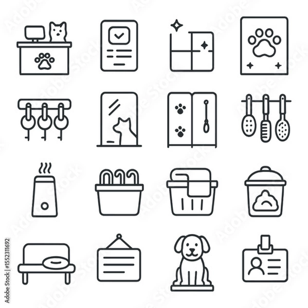 Fototapeta Salon environment icons in minimalistic line art : pet salon front desk, grooming appointment screen, clean tile floor, stylish paw-print wall, collar rack on wall, full-length pet mirror,