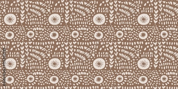 Fototapeta Calm scribble shape minimal shape seamless border pattern. Gender neutral baby nursery natural brown linen banner background. Scandi style sketch doodle wash tape edging trim. 
