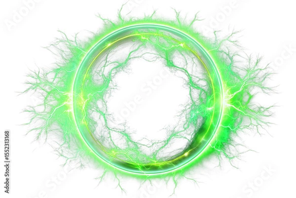 Fototapeta Glowing green electric energy ring with lightning bursts and yellow inner circle isolated on a transparent background