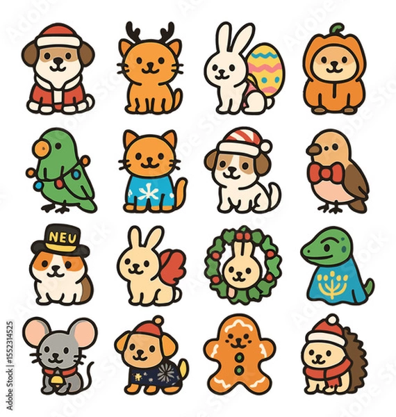 Fototapeta Holiday-themed costumes icons in modern flat vector in minimalistic vibrant color design: dog in Santa suit, cat in reindeer antlers, bunny with Easter egg backpack, hamster in pumpkin hoodie,
