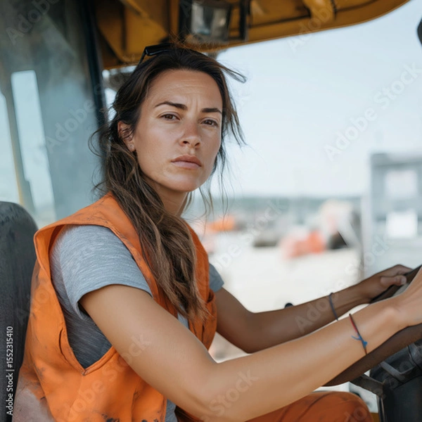 Fototapeta Determined Female Construction Worker Operating Heavy Machinery