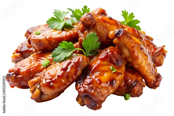 Fototapeta Pile of glistening glazed chicken wings with fresh parsley garnish isolated on a transparent background