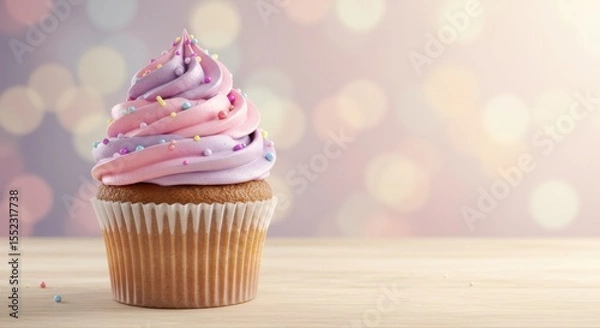 Fototapeta A sweet cupcake with pink and purple frosting and colorful sprinkles on a wooden table with bokeh lights background. Food dessert for celebration.