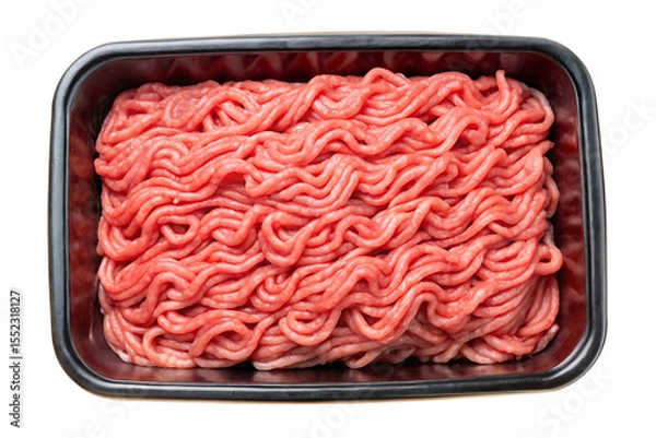 Fototapeta Raw ground beef in a black plastic tray container with a black background isolated on a transparent background