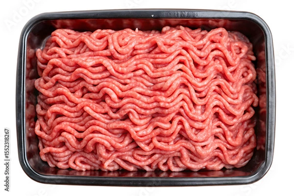 Fototapeta Raw minced beef in black plastic tray container with wavy texture isolated on a transparent background