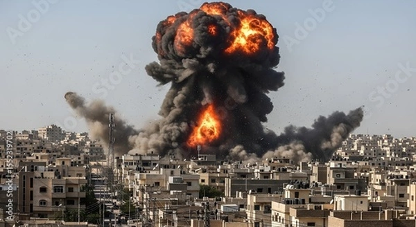 Fototapeta Massive explosion in urban area with flames and black smoke rising. Powerful image of war, destruction, and civilian danger during modern conflict.