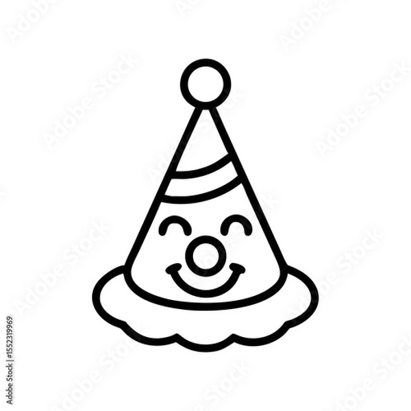Fototapeta Vector illustration of a cheerful clown face with a party hat in a joyful style on a white background with copy space