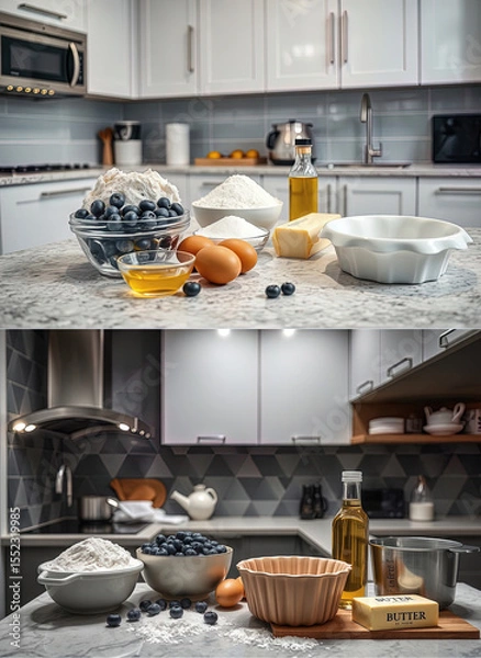 Fototapeta Two variations of modern kitchen cooking. Preparing to bake blueberry cake, sponge cake with utensils and ingredients. Realistic style.