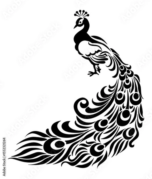 Fototapeta Graceful Peacock Silhouette: An elegant peacock, rendered in a sleek black silhouette, showcasing its majestic plumage with intricate detail and artistic flair.