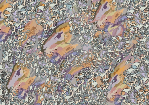 Fototapeta Wild animal motifs with linear elements for fabrics or textiles. Colorful chaotic wildlife for carpets, covers, scrapbooking, tiles, fashion trends, batiks, wallpapers, backgrounds and textures, etc.