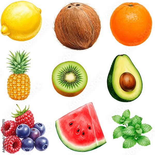 Fototapeta Watercolor illustration set of tropical and fresh fruit with mint for healthy food and drink recipe. Transparent background