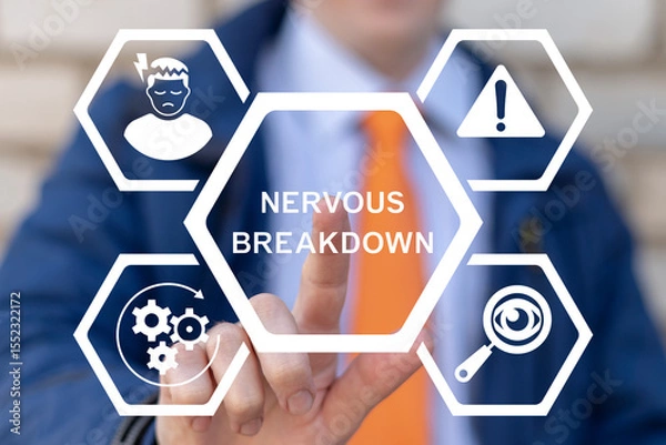 Fototapeta Exhausted businessman using virtual touch screen presses the inscription: NERVOUS BREAKDOWN. Nervous breakdown concept. Tired emotional person struggle with stress and overwork.