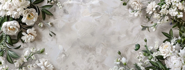 Obraz Light grey wedding background, white peonies, greenery, elegant flat lay with space.