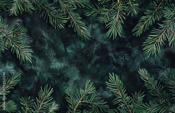 Obraz Spruce branches on dark, green fir texture, Christmas top view, New Year design style.