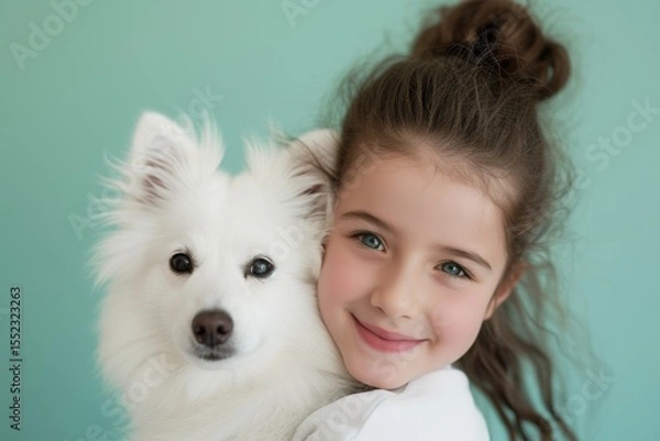 Fototapeta Beautiful smiling girl hugging fluffy white spitz dog against solid pastel green background, both looking at camera with joyful expressions