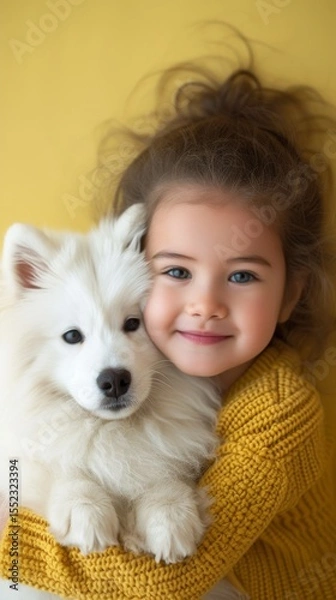 Fototapeta Portrait of a smiling child girl in yellow sweater hugging fluffy white spitz dog on solid pastel yellow background